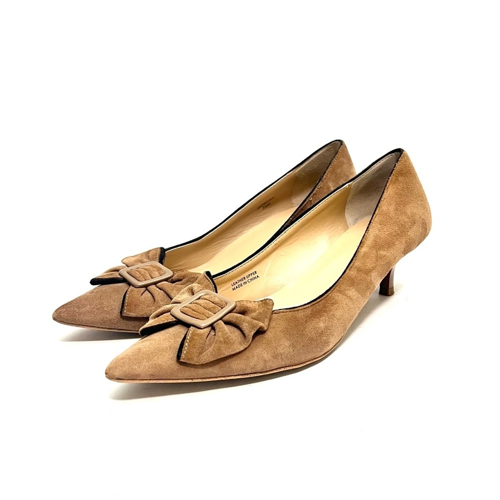 Vintage Y2K tan suede slip on pointed toe kitten heel bow pumps
